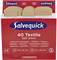 'Salvequick 40 Textiel Pleisters, REF 6444.' Een rode verpakking met textielen pleisters. Pleisterformaten in cm: 72 x 19 mm, 72 x 25 mm.