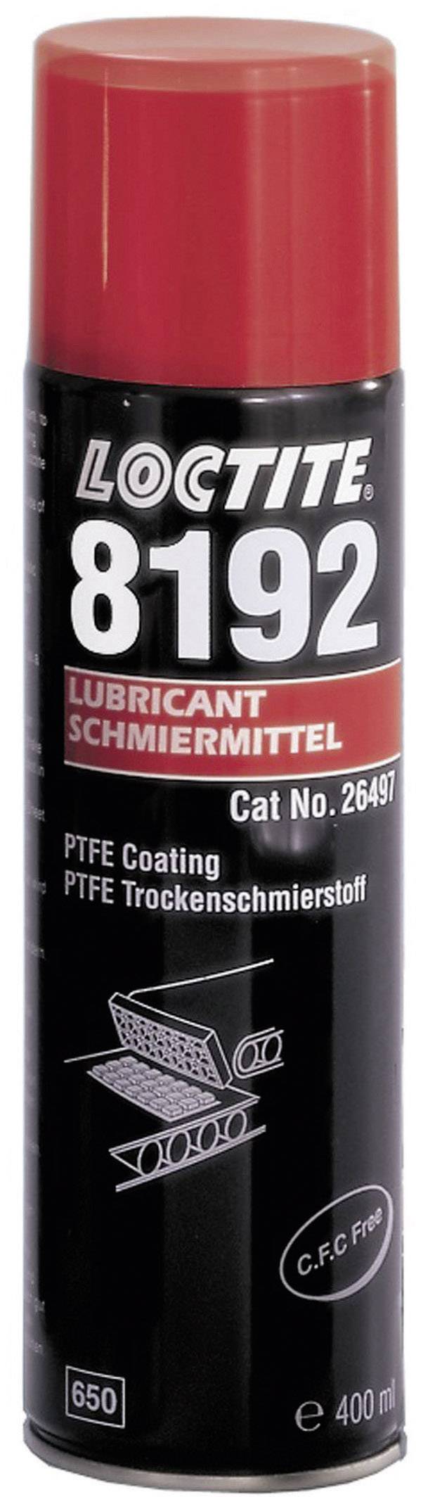 Een zwarte spuitbus met rode dop. Opschrift: 'LOCTITE 8192 Smeermiddel', PTFE droogstof, 400 ml.