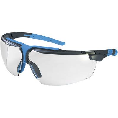 Een veiligheidsbril met transparante glazen en blauw-zwarte montuur, geschikt voor veiligheid bij ambachtelijke werkzaamheden.
