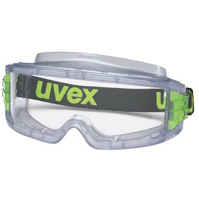 Veiligheidsbril met helder vizier en zwart bandje met groene 'uvex'-opdruk, biedt oogbescherming in industriële omgevingen.