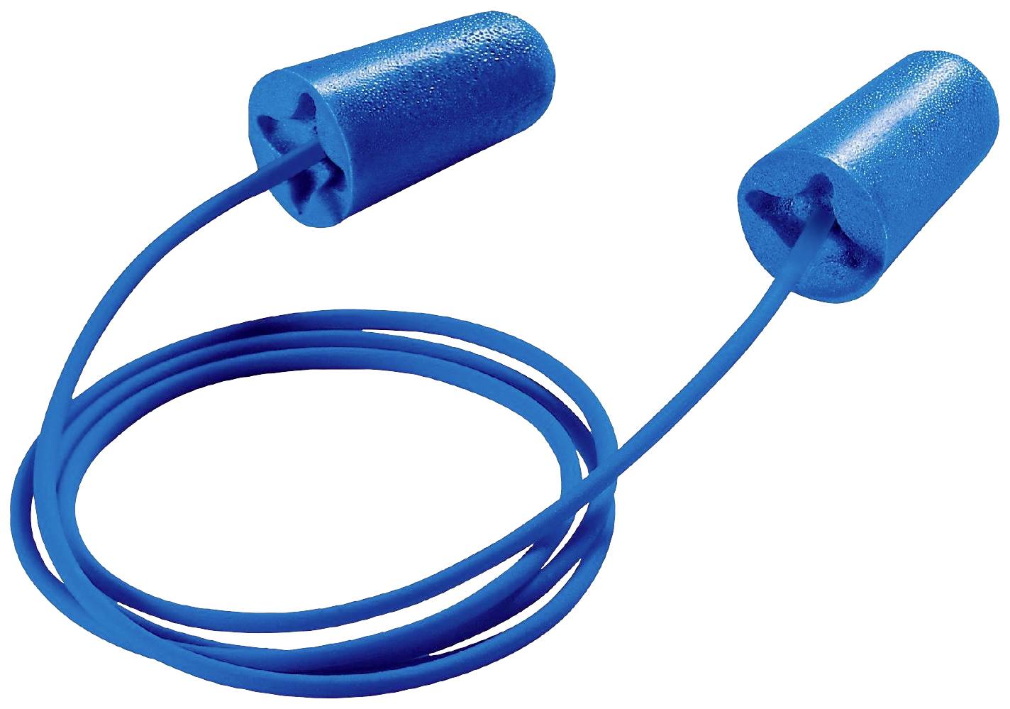 Een paar blauwe oordoppen met verbindingskoord, bestemd voor gehoorbescherming.