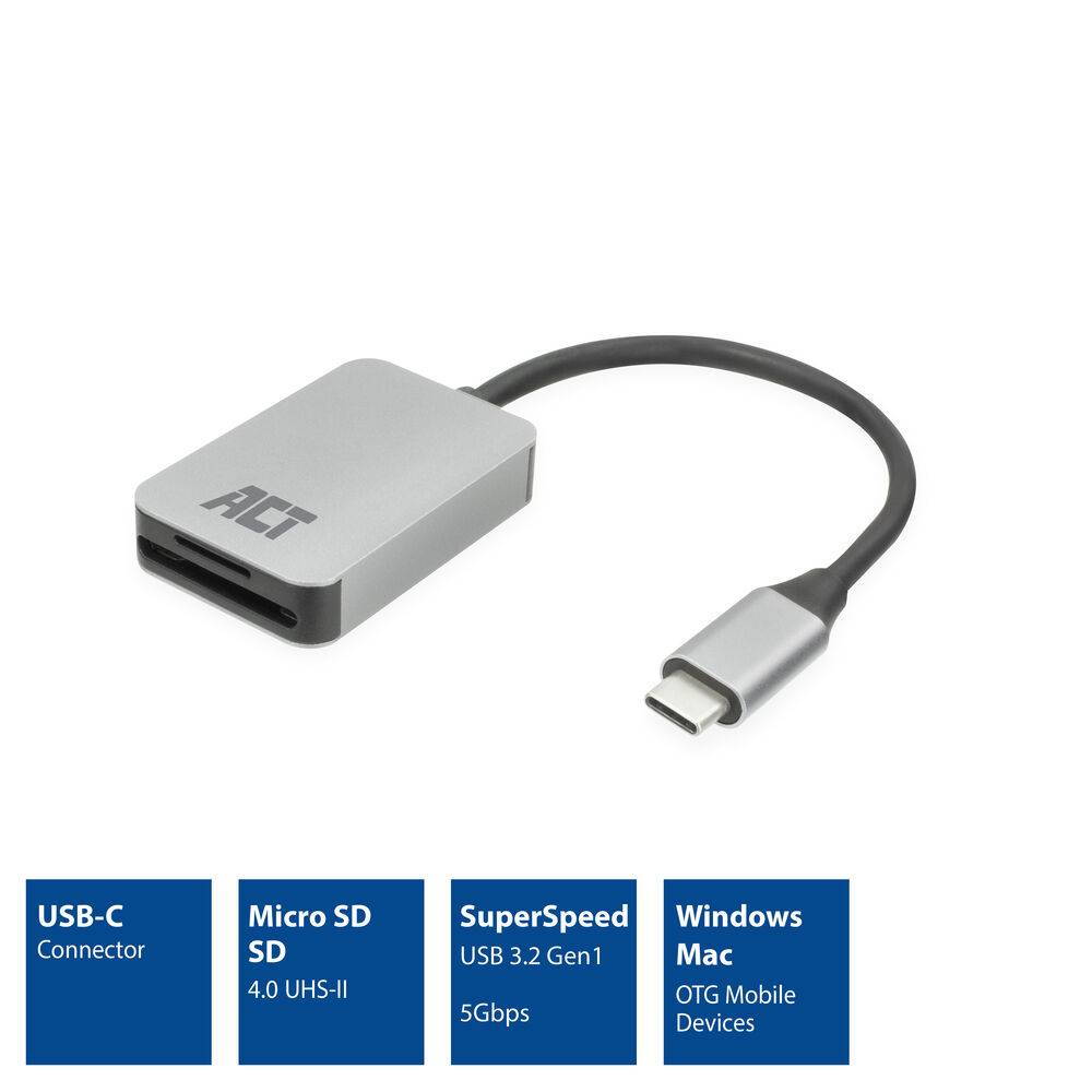 ACT AC7056 USB-C Kaartlezer voor SD en Micro SD | SD 4.0 UHS-II-1