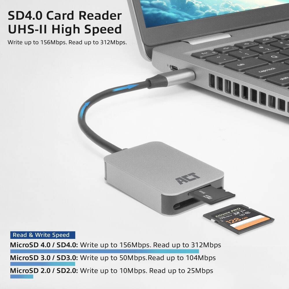 ACT AC7056 USB-C Kaartlezer voor SD en Micro SD | SD 4.0 UHS-II-2