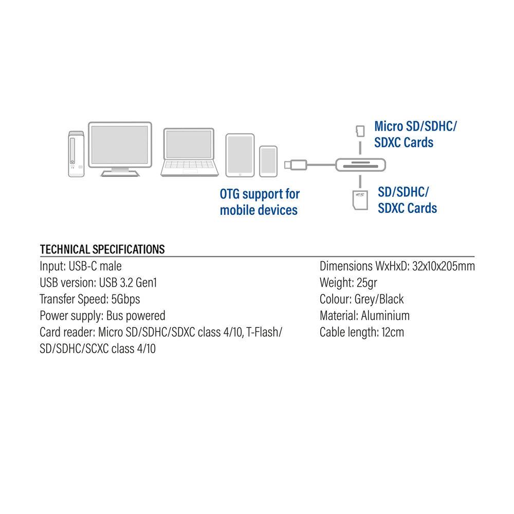 ACT AC7056 USB-C Kaartlezer voor SD en Micro SD | SD 4.0 UHS-II-3