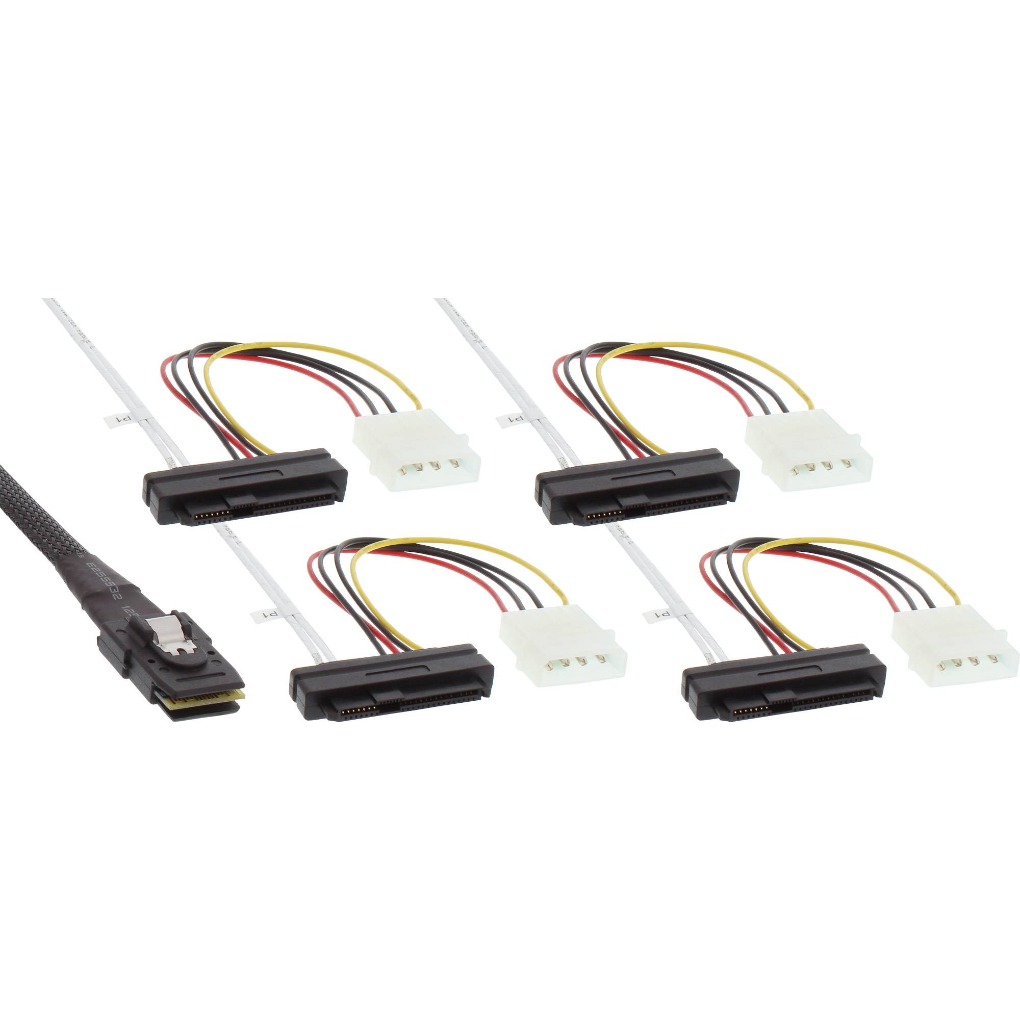 InLine® SAS verbindingskabel, Mini-SAS SFF-8087 naar 4x SAS + voeding, 0,75m-0