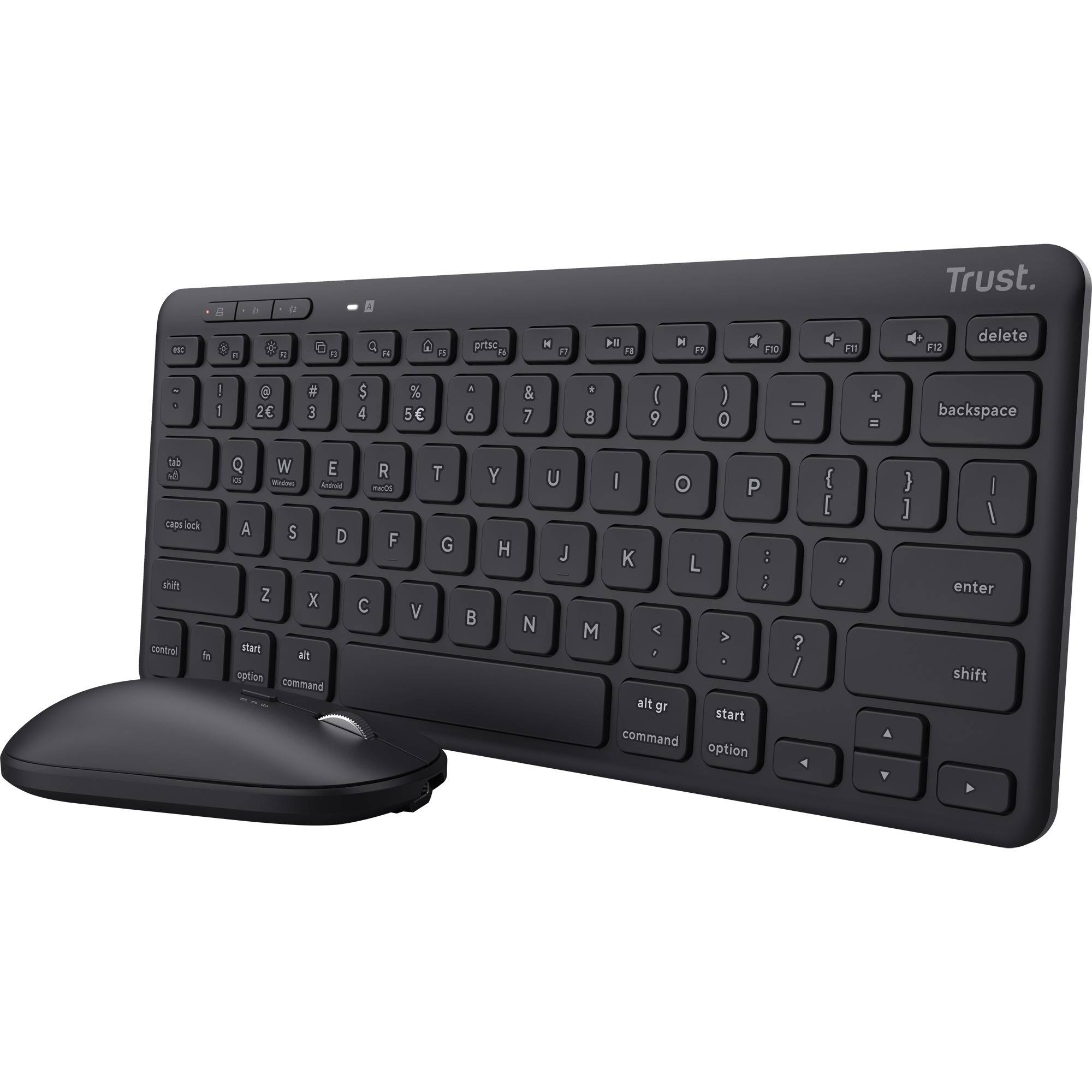 Trust lyra multi-device wireless keyboard mouse desktopset (zwart, us lay-out (qwerty), scissor switches, 65%, 800 --0