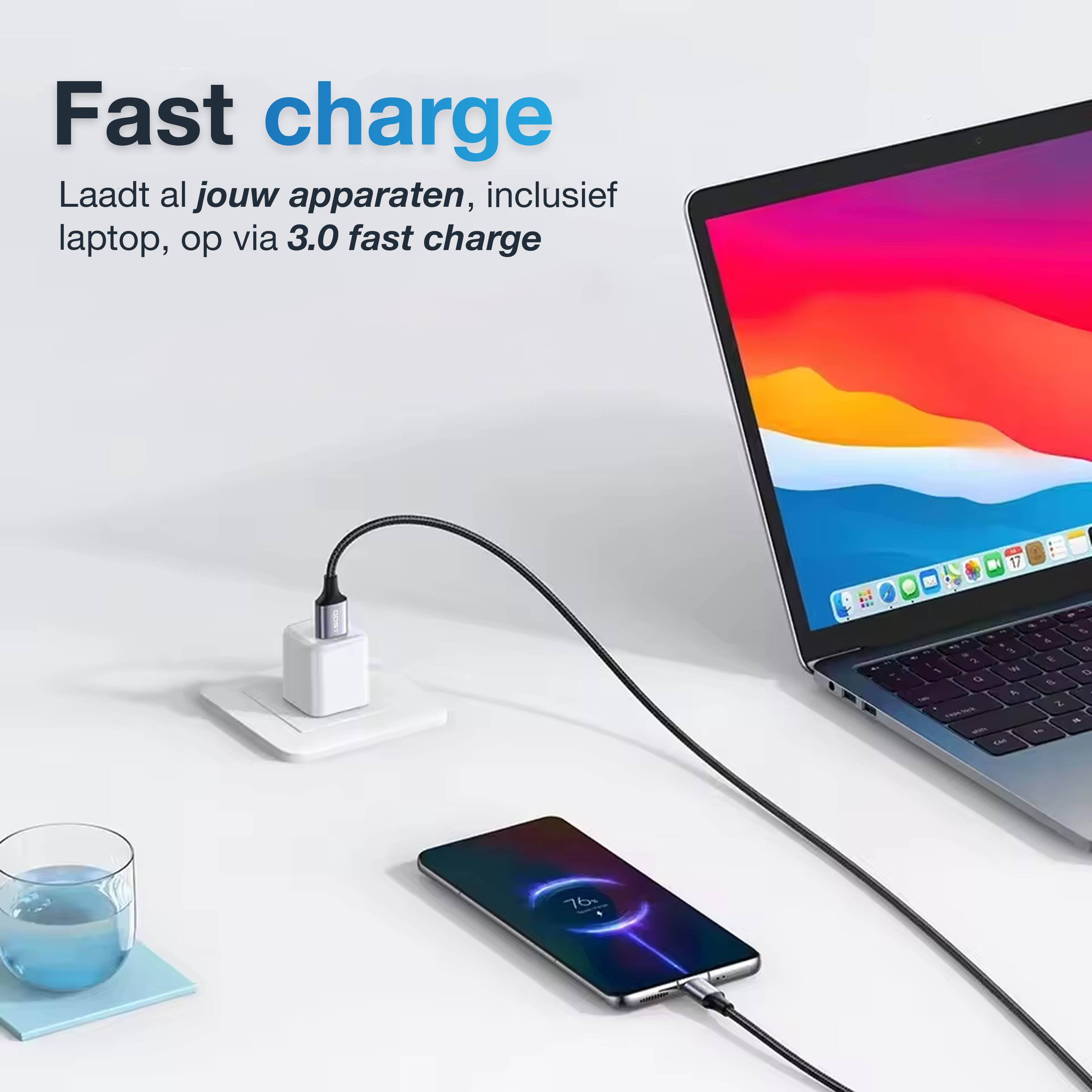 Qost - USB-A naar USB-C Kabel - 2 Meter - Zwart-2