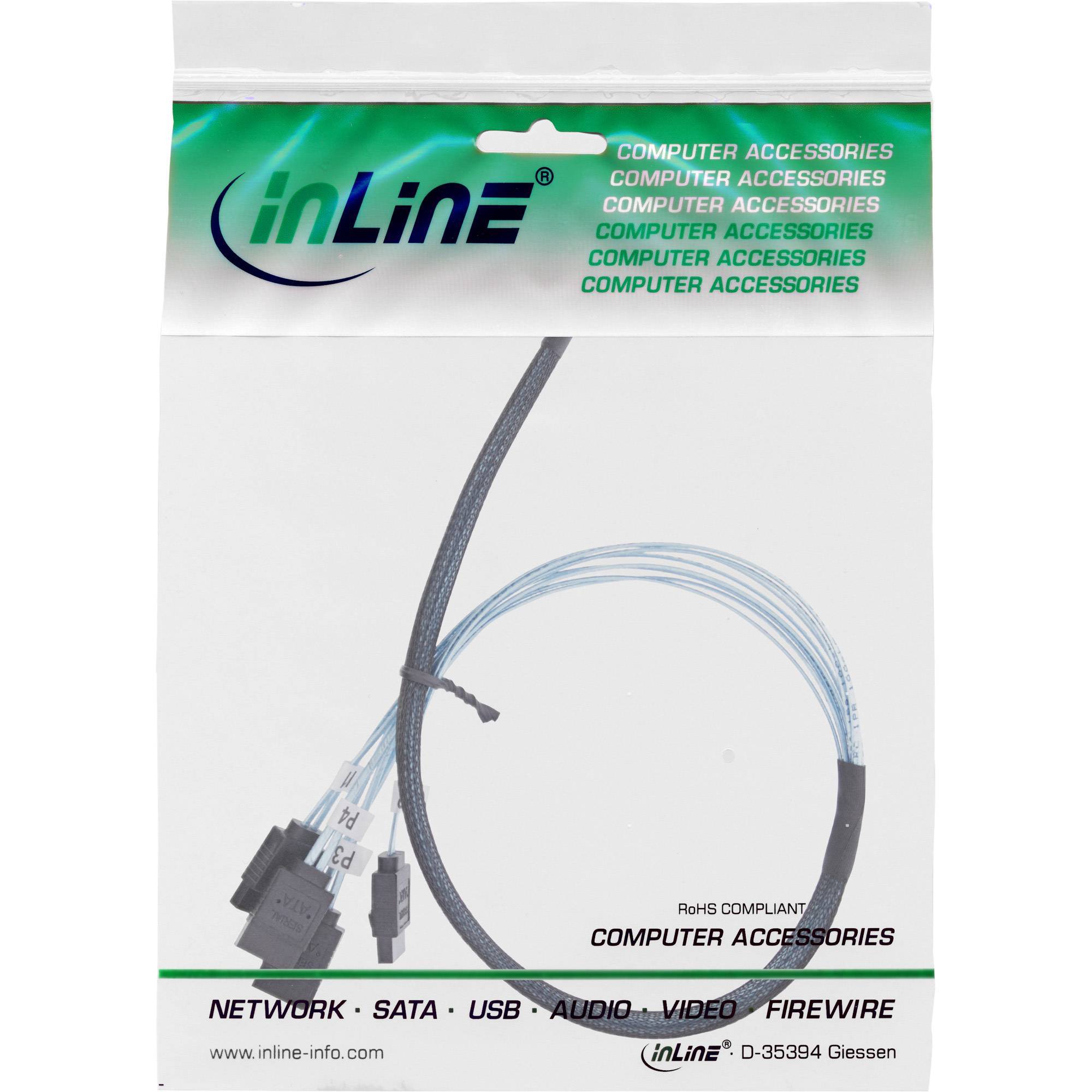 InLine® Slim SAS-kabel, SFF-8654 naar 4x SATA 7-pins, 12Gb/s, 0,5m-1