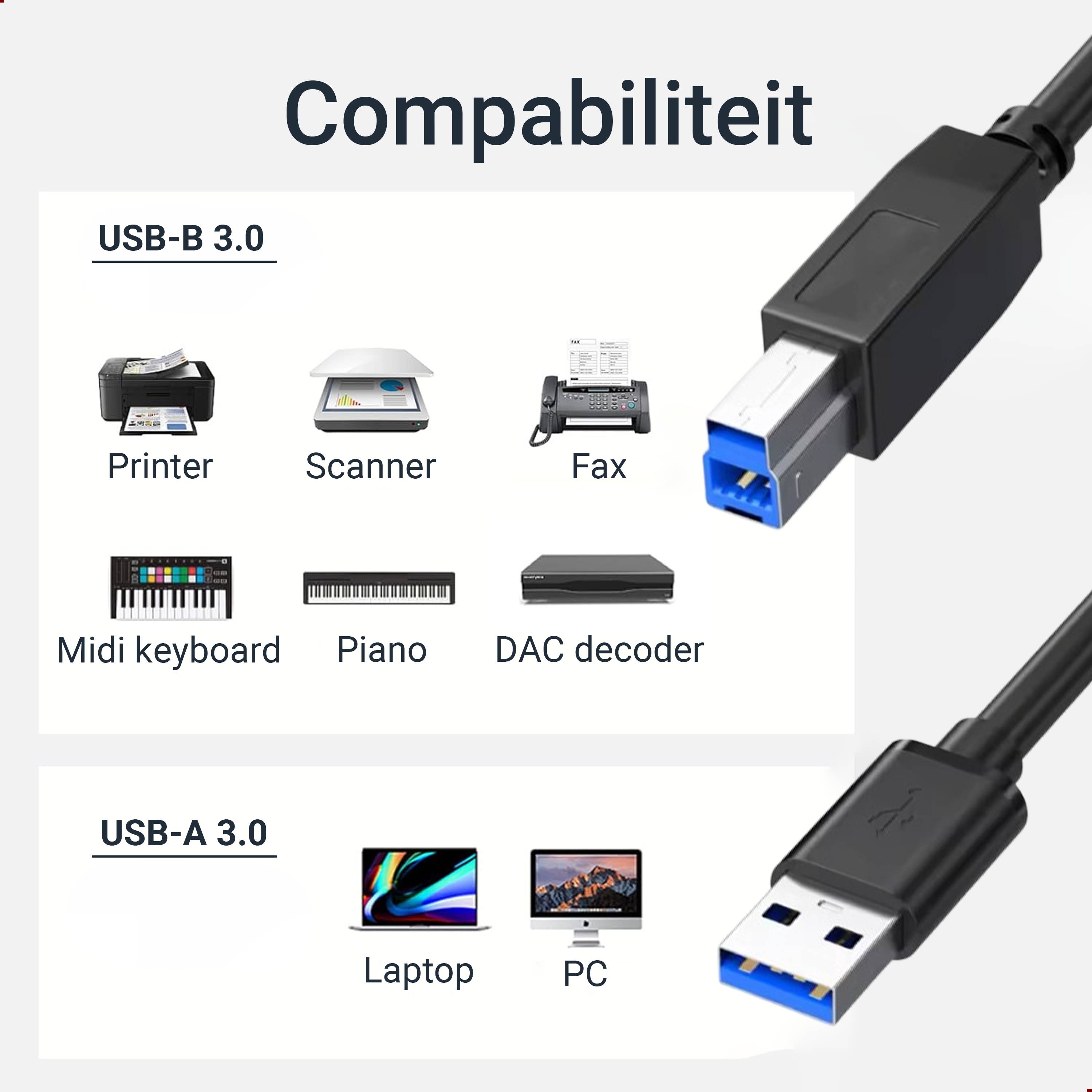 Qost - USB-A naar USB-B 3.0 kabel - USB 3.0 naar Printerkabel - 0.5 Meter - Zwart - 5 Gbit/s-1