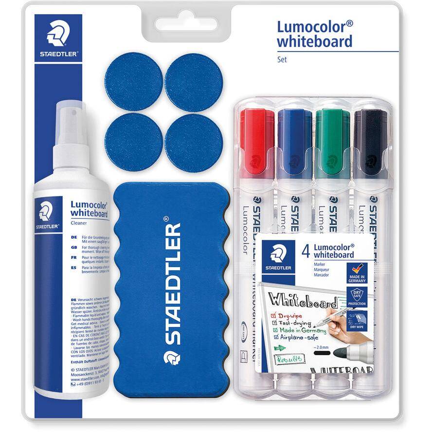 Staedtler Lumocolor Whiteboard Set 613 S 613 S Whiteboardmarker Zwart, Blauw, Rood, Groen Incl. bordwisser, bordreiniger-1