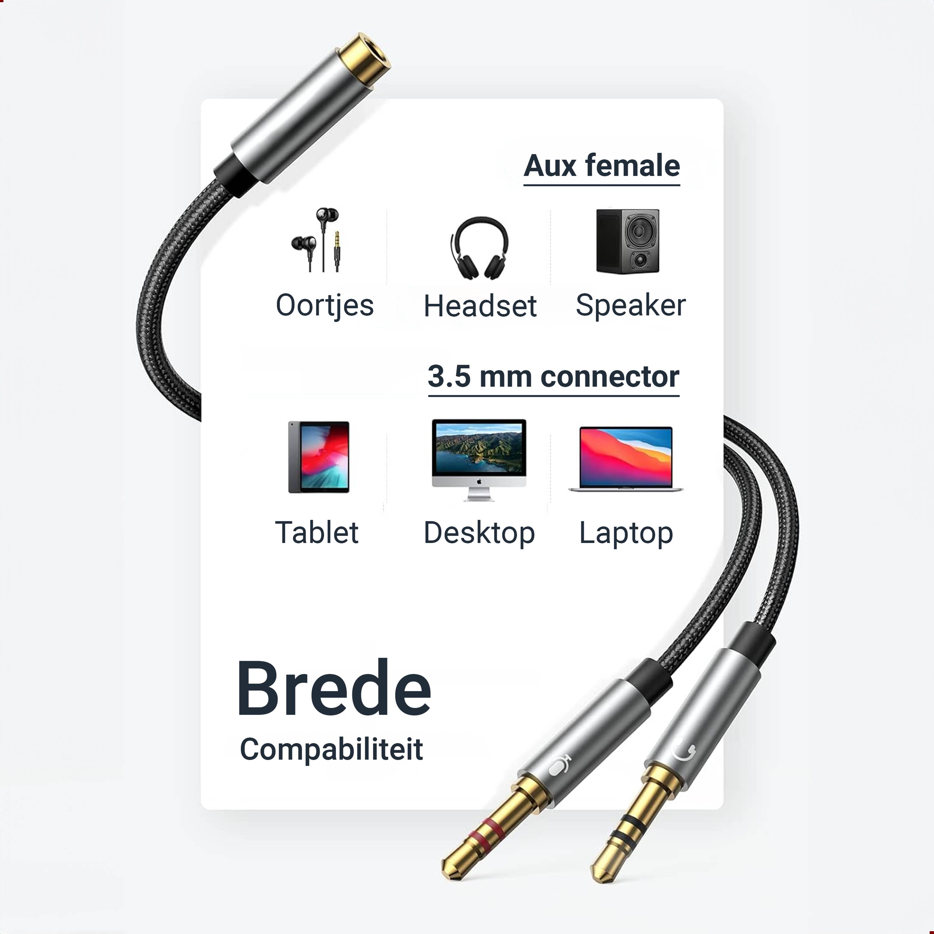 Qost 3,5 mm headsetsplitter - TRRS male naar 2x TRS female - Spacegrey-4