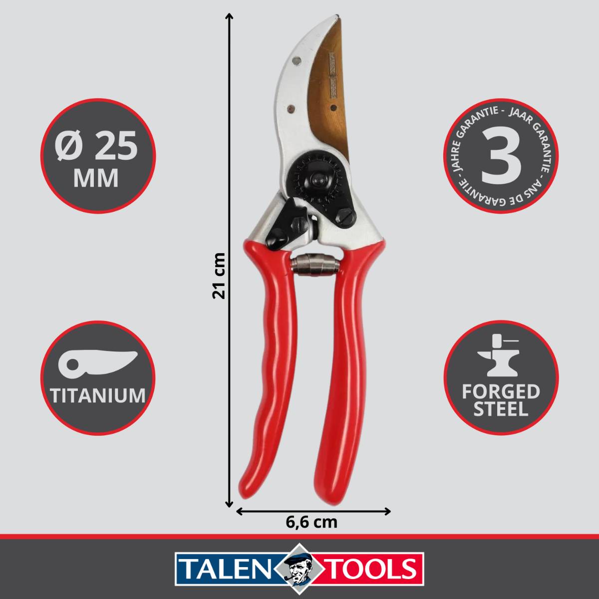 Talen Tools - Snoeischaar - Titanium - Voorbijsnijdend - High Quality - Met lederen holster - 21 cm-1
