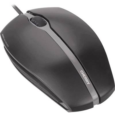 Zwarte computermuis van CHERRY met ergonomisch ontwerp en scrollwiel bovenaan. Bedraad, voor nauwkeurige besturing en comfort.
