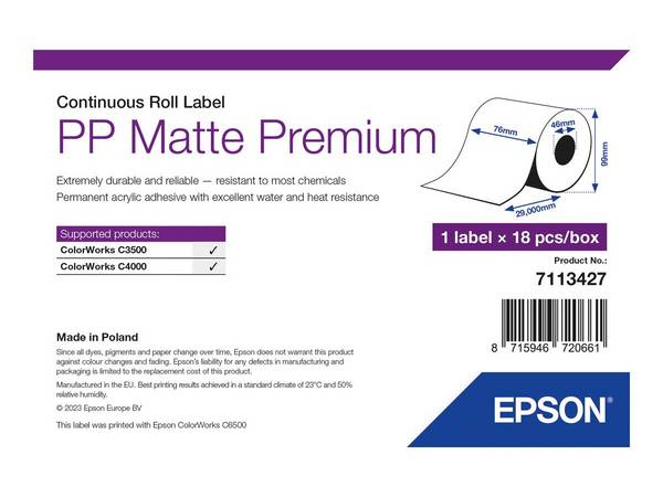 Epson, labelrol, synthetisch, 76mm, De rol heeft een breedte van 76mm en een lengte van 29m
