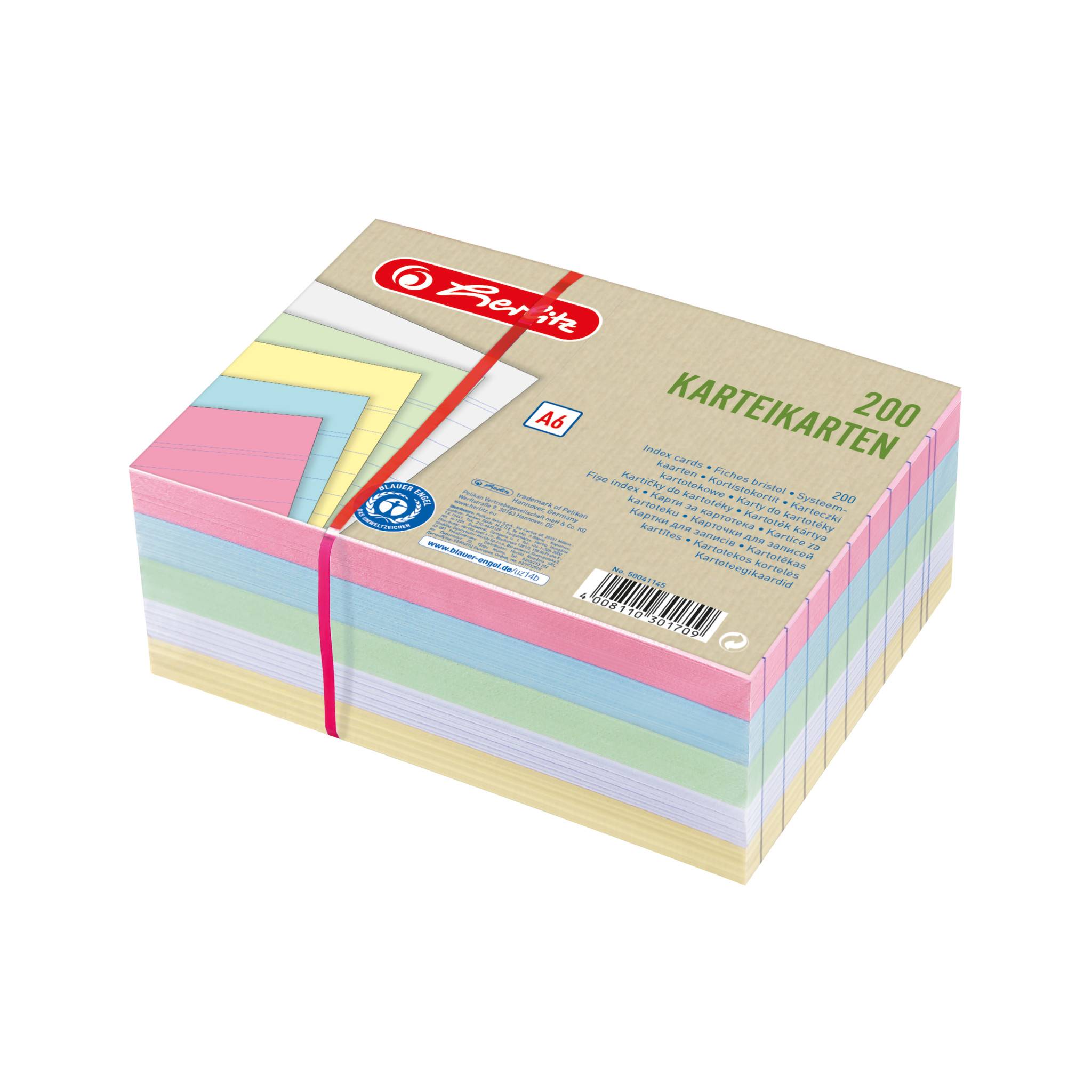 Herlitz indexkaarten A6 gelinieerd 4 kleuren + witte vellen Engel 200-0