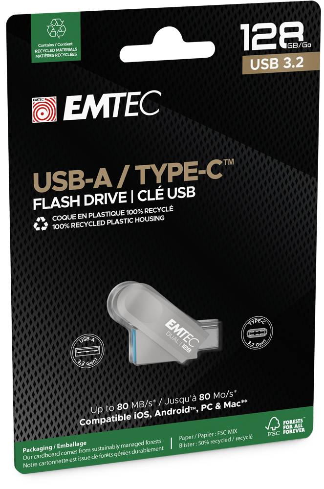 Emtec D280 Dual USB-flashdrive 128 GB USB Type-A / USB Type-C 3.2 Gen 1 (3.1 Gen 1) Zilver-1