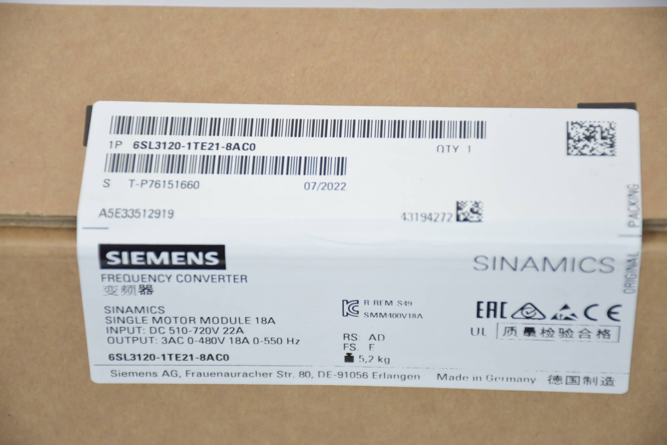 Siemens 6SL31201TE218AC0 SINAMICS S120 SINGLE MOTOR MODULE I-1