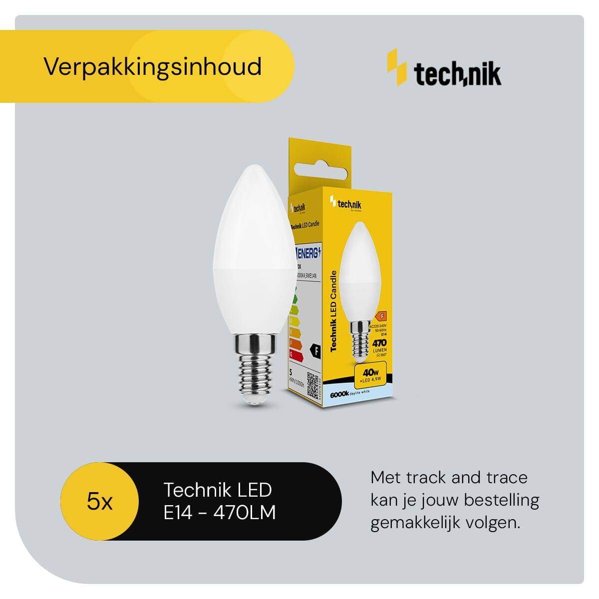 Technik E14 LED Lamp 4.9W - 490lm - 6000K - Daglicht Wit - LED Kaarslamp B35 - Vervangt 45W Halogeen Gloeilamp - 5 stuks-3