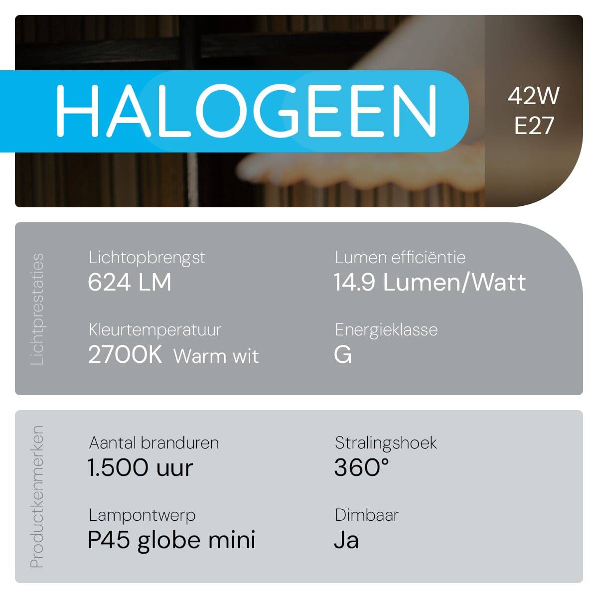Modee E27 Halogeen Lamp Dimbaar 42W ECO - 624lm - 2700K - Warm Wit - ECO Halogeen Globe Mini P45-2