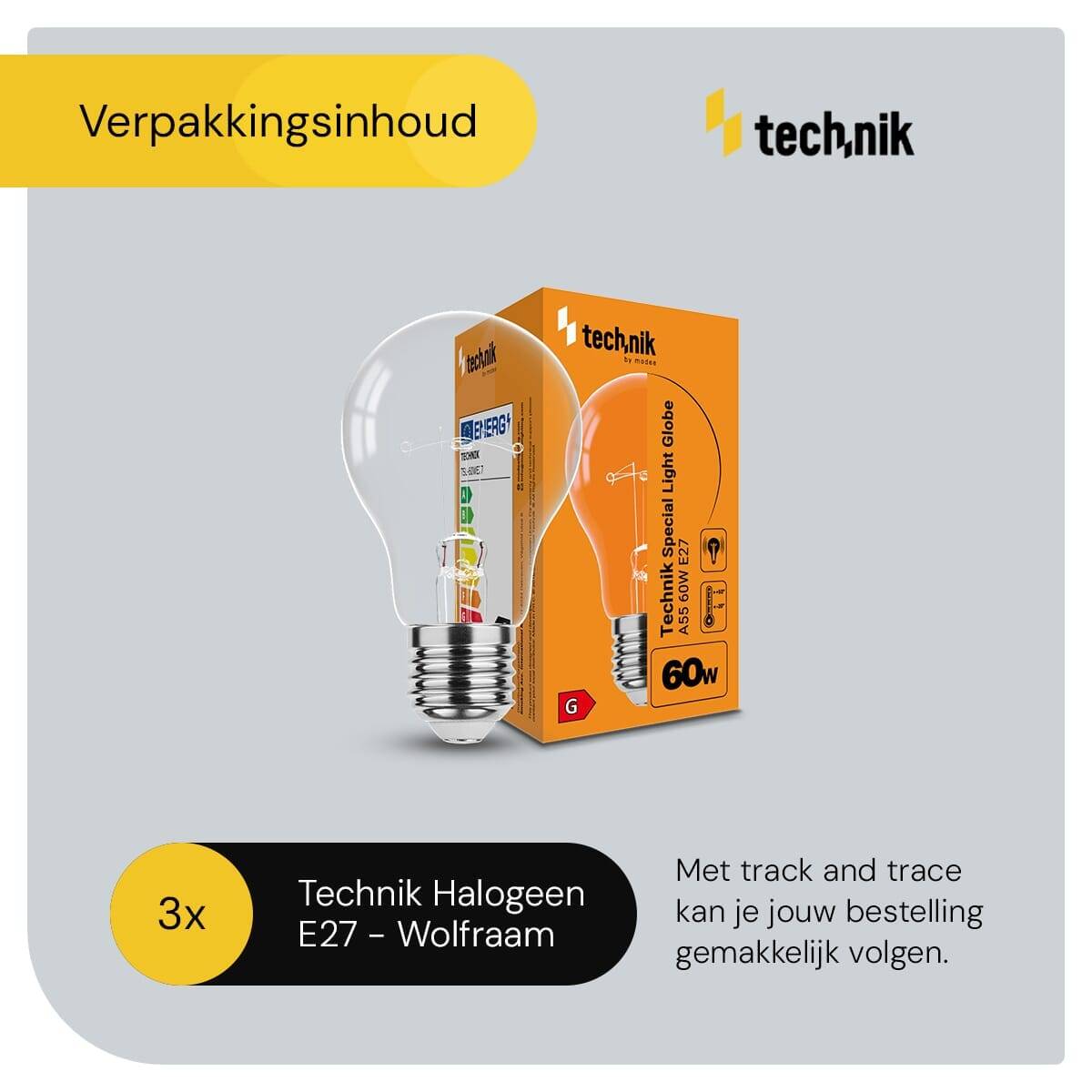 Technik E27 Wolfraam-Gloeilamp Dimbaar 60W - 2700K - Warm Wit - Gloeilamp Globe A55 - 3 stuks-2