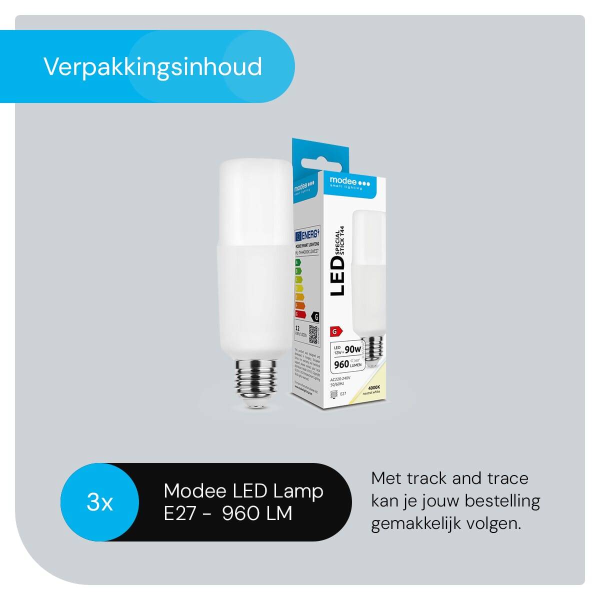 Modee E27 LED Lamp 12W - 960lm - 4000K - Neutraal Wit - LED Stick Lamp T44 - Vervangt 90W Halogeen Gloeilamp - 3 stuks-4