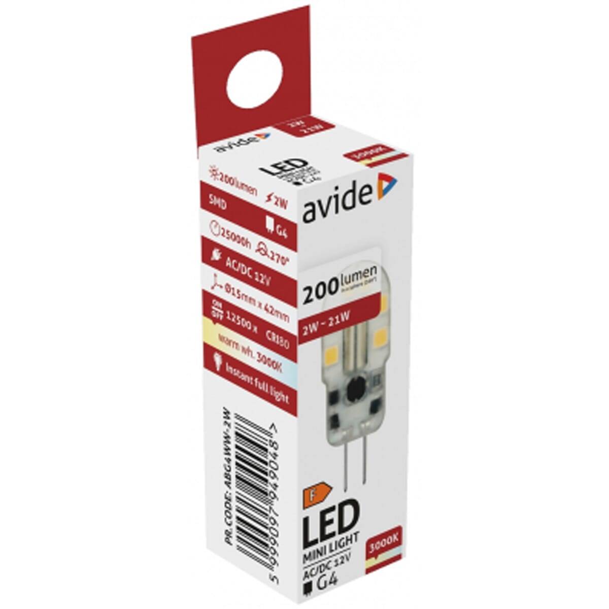 Avide G4 LED Insteeklamp 2W 12V - 3000K - 200lm - LED Lampjes Insteek - Warm wit licht - Vervangt 21W lamp - 5 stuks-3