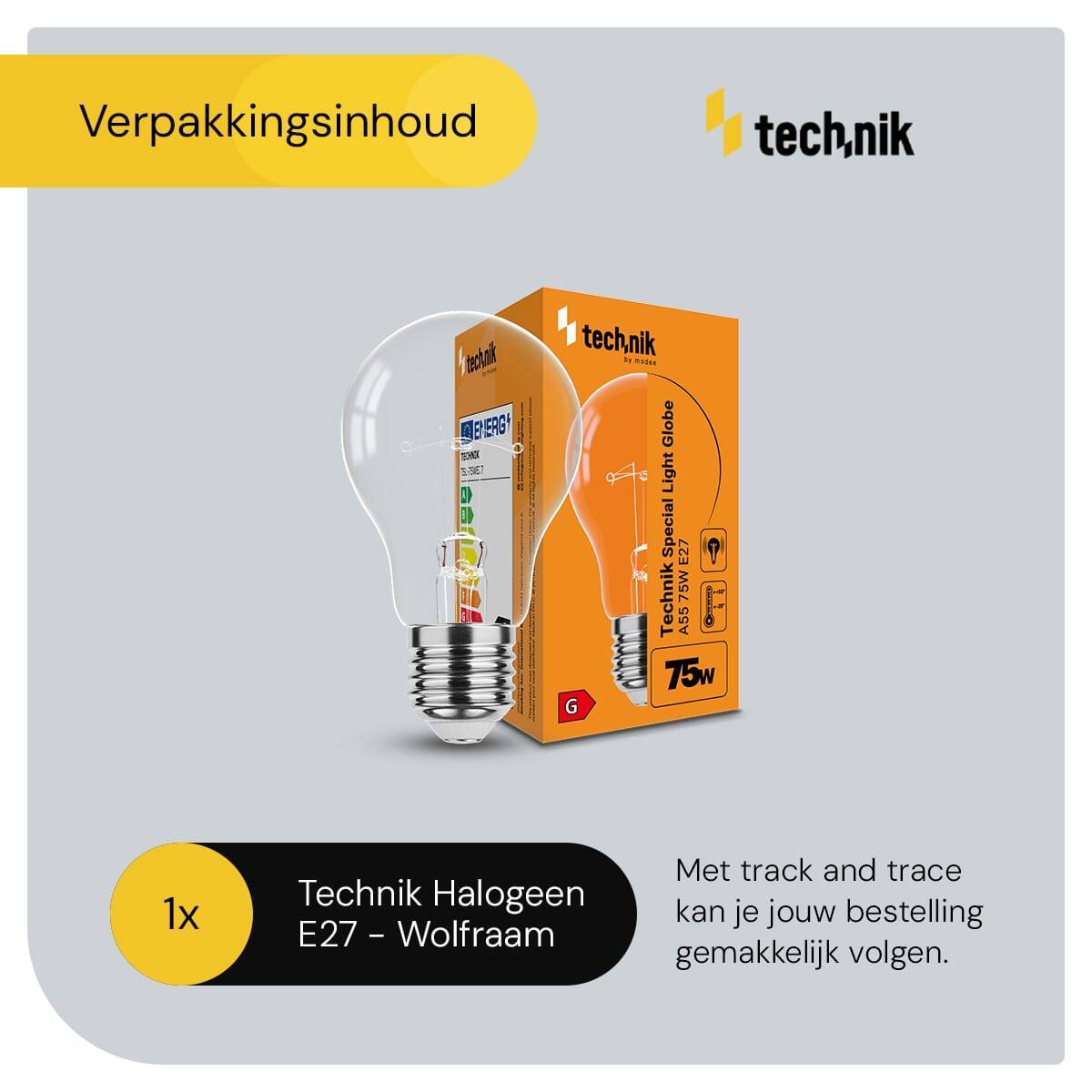 Technik E27 Wolfraam-Gloeilamp Dimbaar 75W - 2700K - Warm Wit - Gloeilamp Globe A55-2