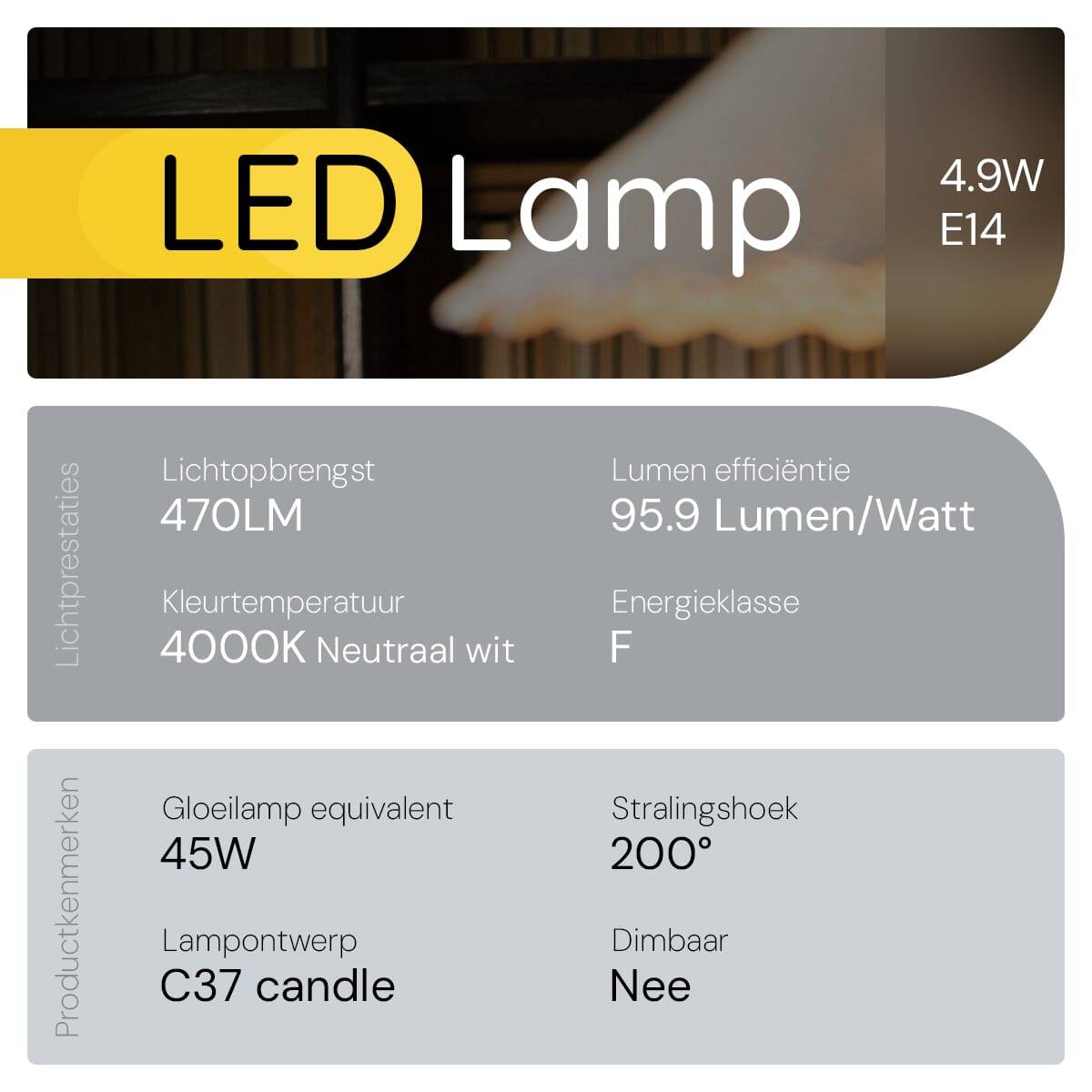 Technik E14 LED Lamp 4.9W - 490lm - 4000K - Neutraal Wit - LED Kaarslamp B35 - Vervangt 45W Halogeen Gloeilamp - 10-4