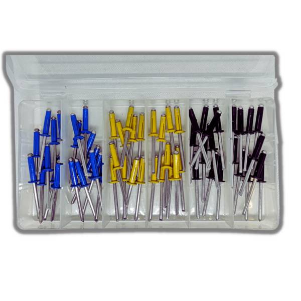 LB TOOLS professioneel kentekenplaat popnagel assortiment 60-delig geel, blauw en zwart