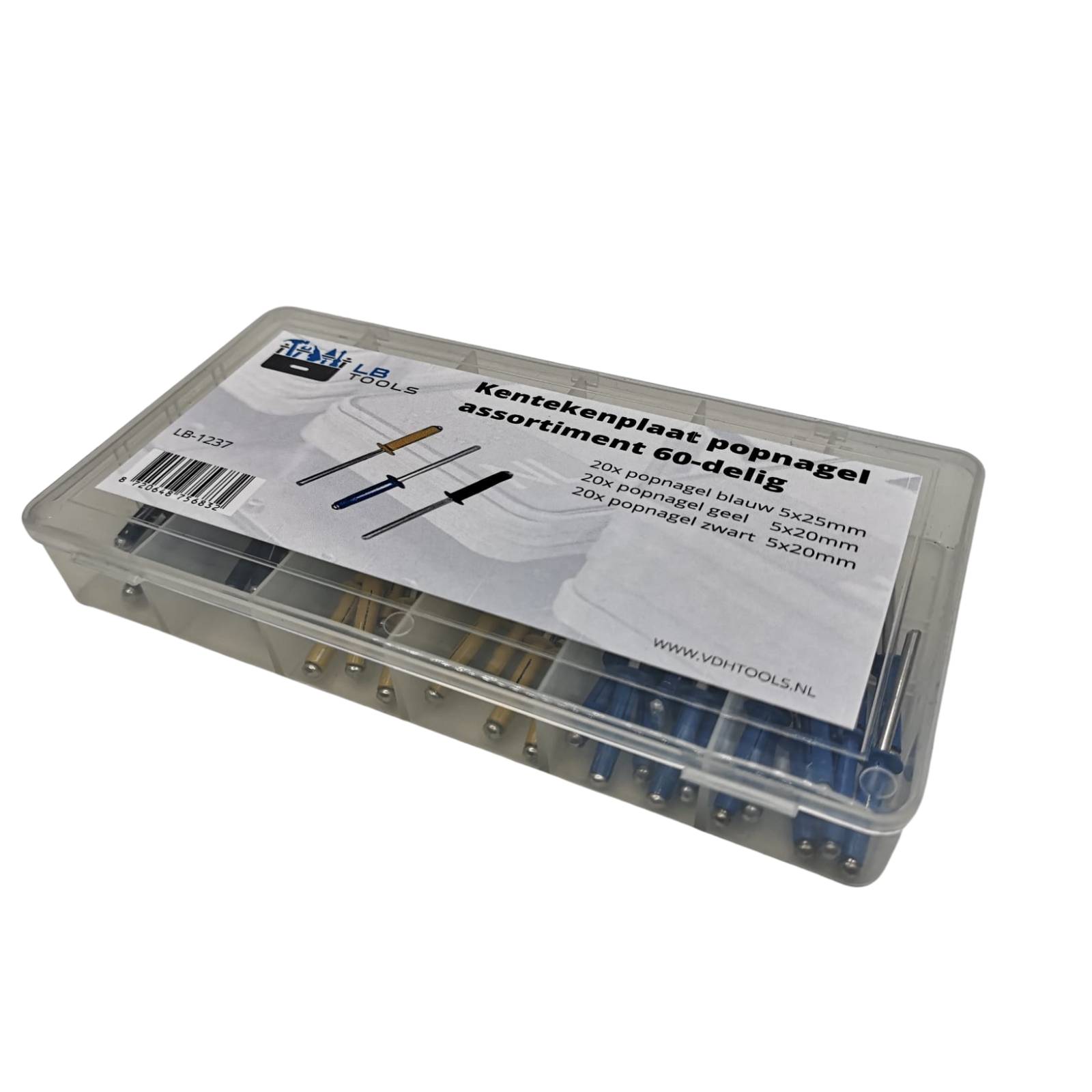 LB TOOLS professioneel kentekenplaat popnagel assortiment 60-delig geel, blauw en zwart-2