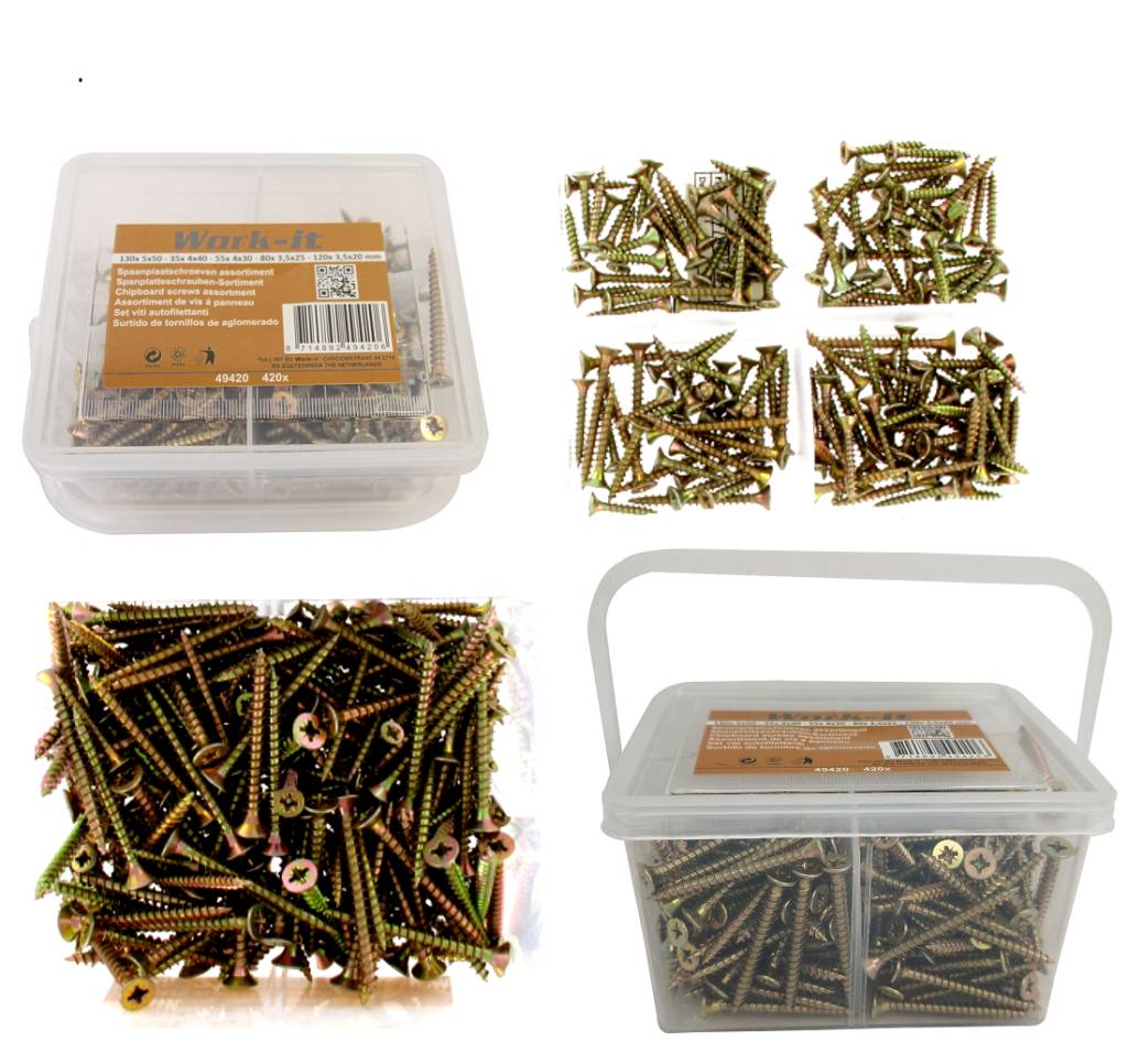 WORK-IT Groot assortiment spaanplaatschroeven diverse maten (420st)-1