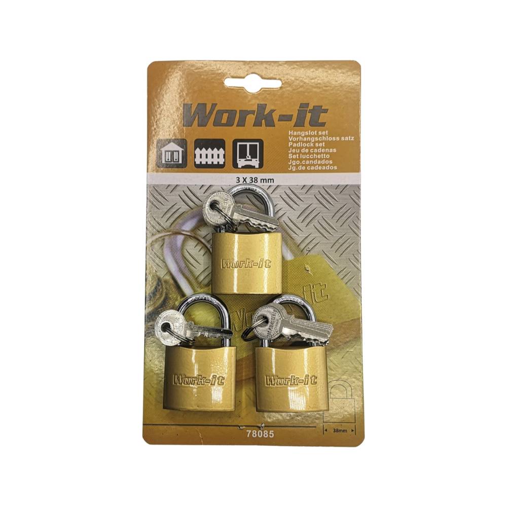 WORK-IT 3x hangslot gelijksluitend 38mm gehard met 18 gelijke sleutels-1