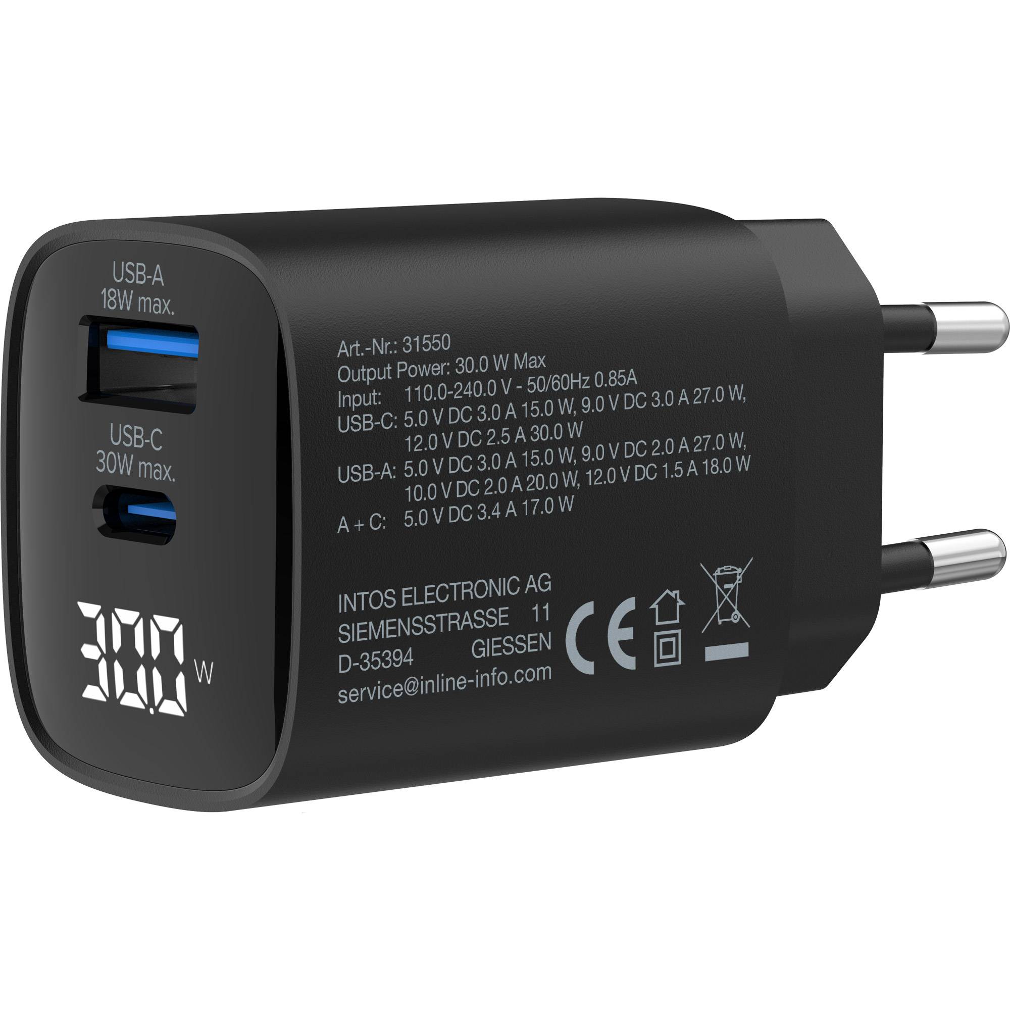 InLine USB lader | USB-C PD + USB-A QC | GaN | 30W | display | zwart-1