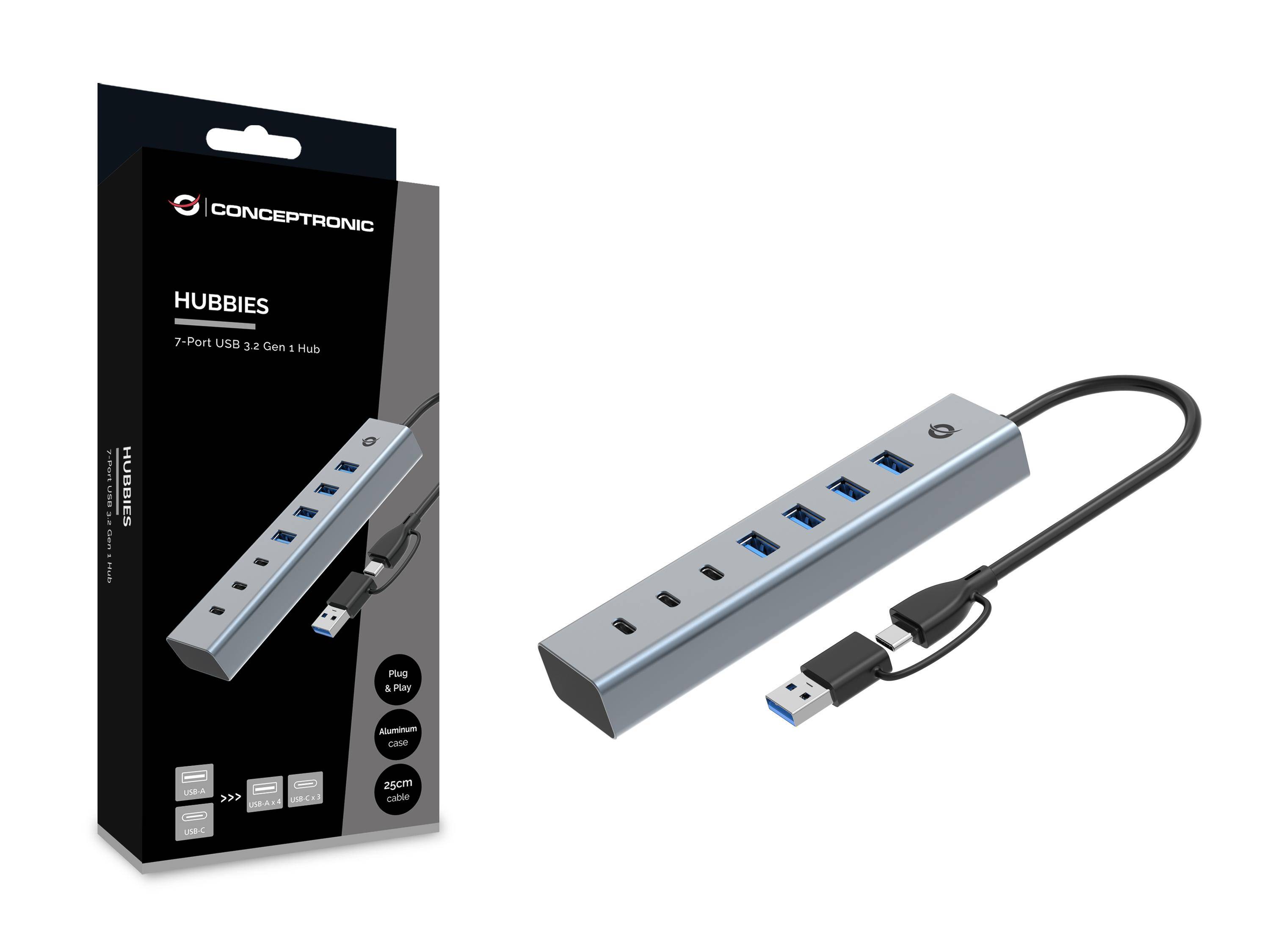 Conceptronic HUBBIES20G 7-poorts USB 3.0-hub, 5 Gbps, 3x USB-C, 4x USB-A-2