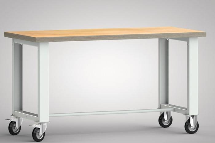 Werkbank B1.500xD700xH840 mm beukenhout multiplex lichtgrijs bok- en zwenkw. mas