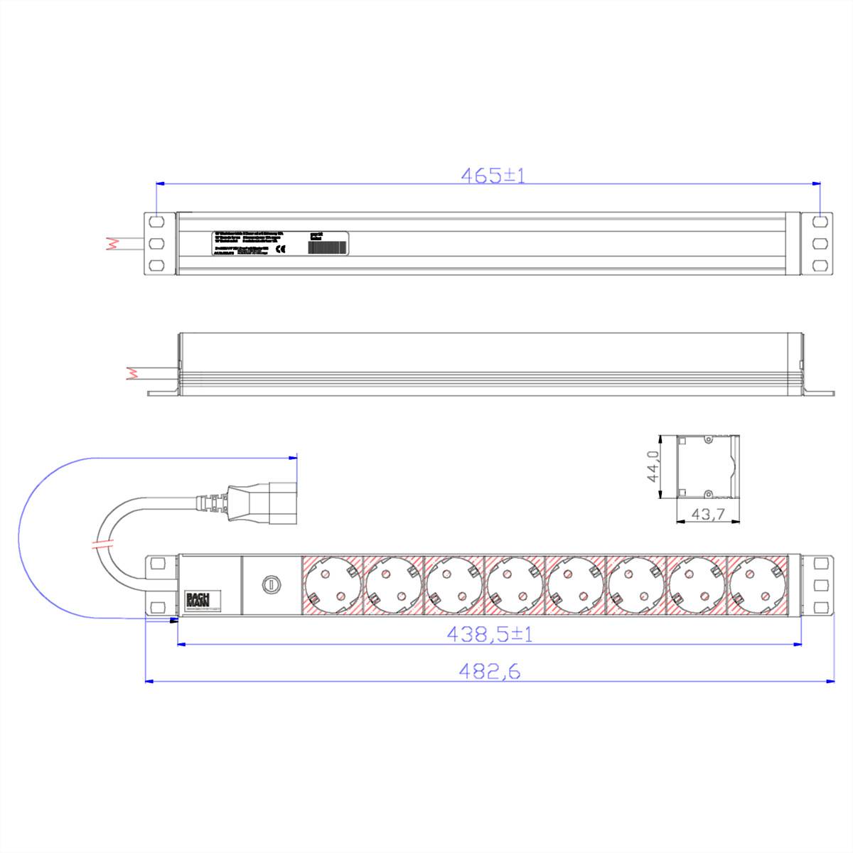 BACHMANN 19" stekkerdoos 8-voudig, 2300W, IEC320 C14 stekker, 8 m-4
