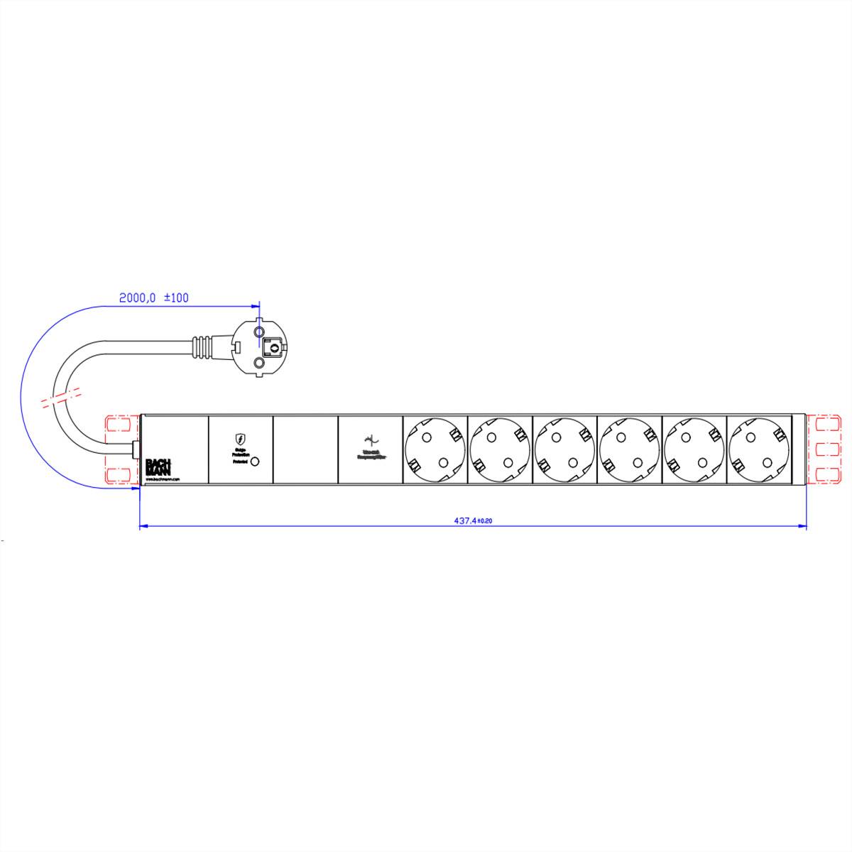 BACHMANN 19U 1U VM 6xCEE7/3 1xGVS-Plus 2,0m CEE7/7-2