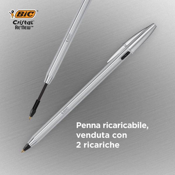 BIC 3086123640122 BIC - balpen Cristal Re-new, zilveren lichaam, zwarte inkt, doos met 1 stuk en 2 navullingen-1