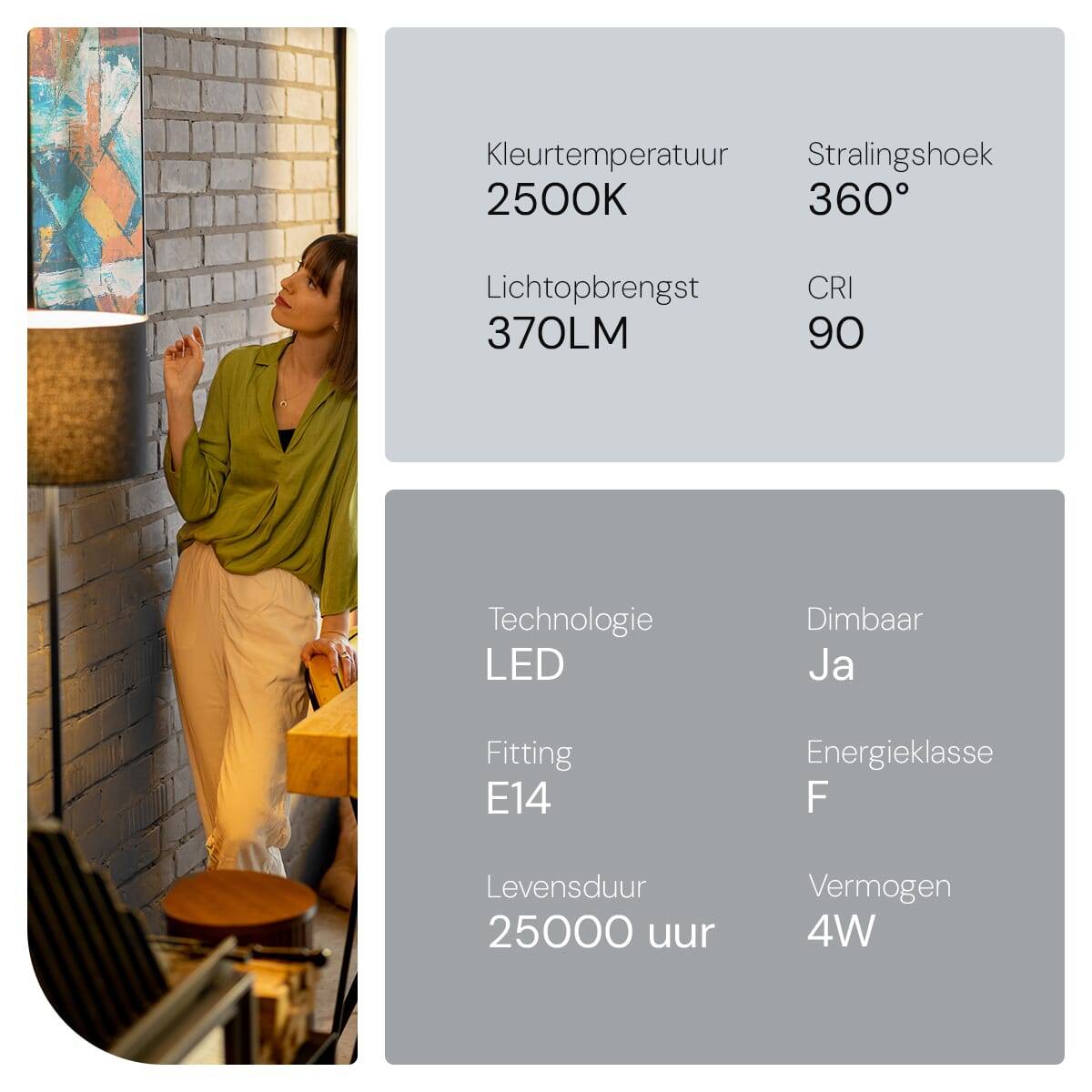 SPL E14 LED Lamp 4W Dimbaar - CRI 90 - Extra Warm Wit - 2500K - LED Filament Kaars C35 - Vervangt 33W - Per Stuk-3