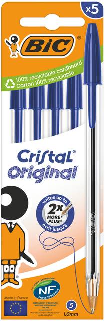Balpen Bic Cristal medium blauw blister à 5 stuks-0