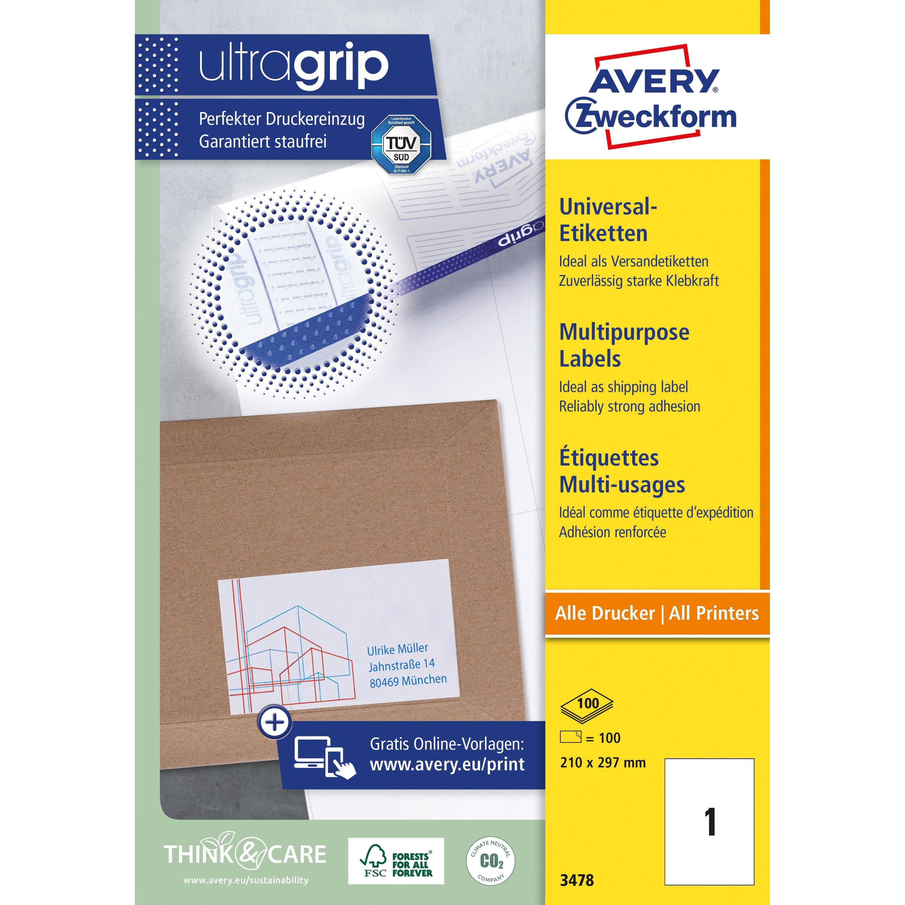 Avery-Zweckform 5014702002403 Avery Zweckform - Etiket avery 3478 210x297mm a4 wit 100st-0