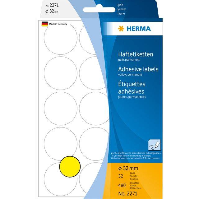 HERMA 4008705022712 HERMA - Etiket 2271 rond 32mm geel 480st-0