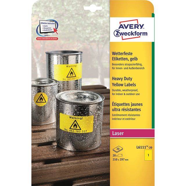 Avery Duurzame Polyester Hechtingslabels Geel A4 (L6111-20)-2