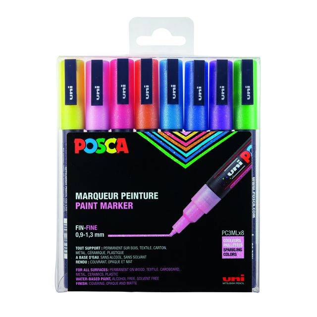 Verfstift Posca PC3M fijn glitter pastel assorti set a 8 stuks-0