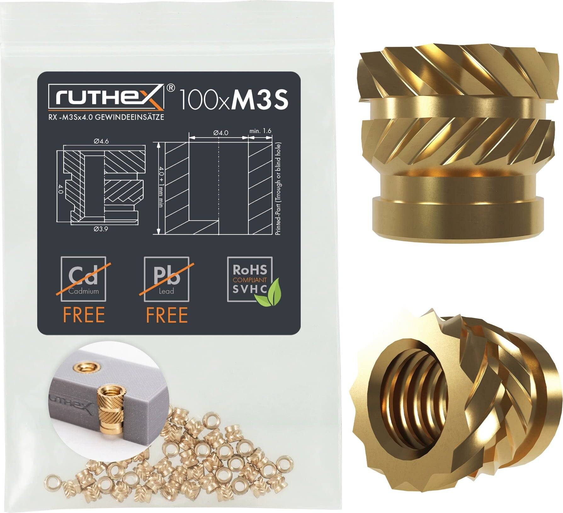 RUTHEX RX-M3SX4.0 - 3D Druck Gewindeeinsätze M3x4 Short 100 Stück-0