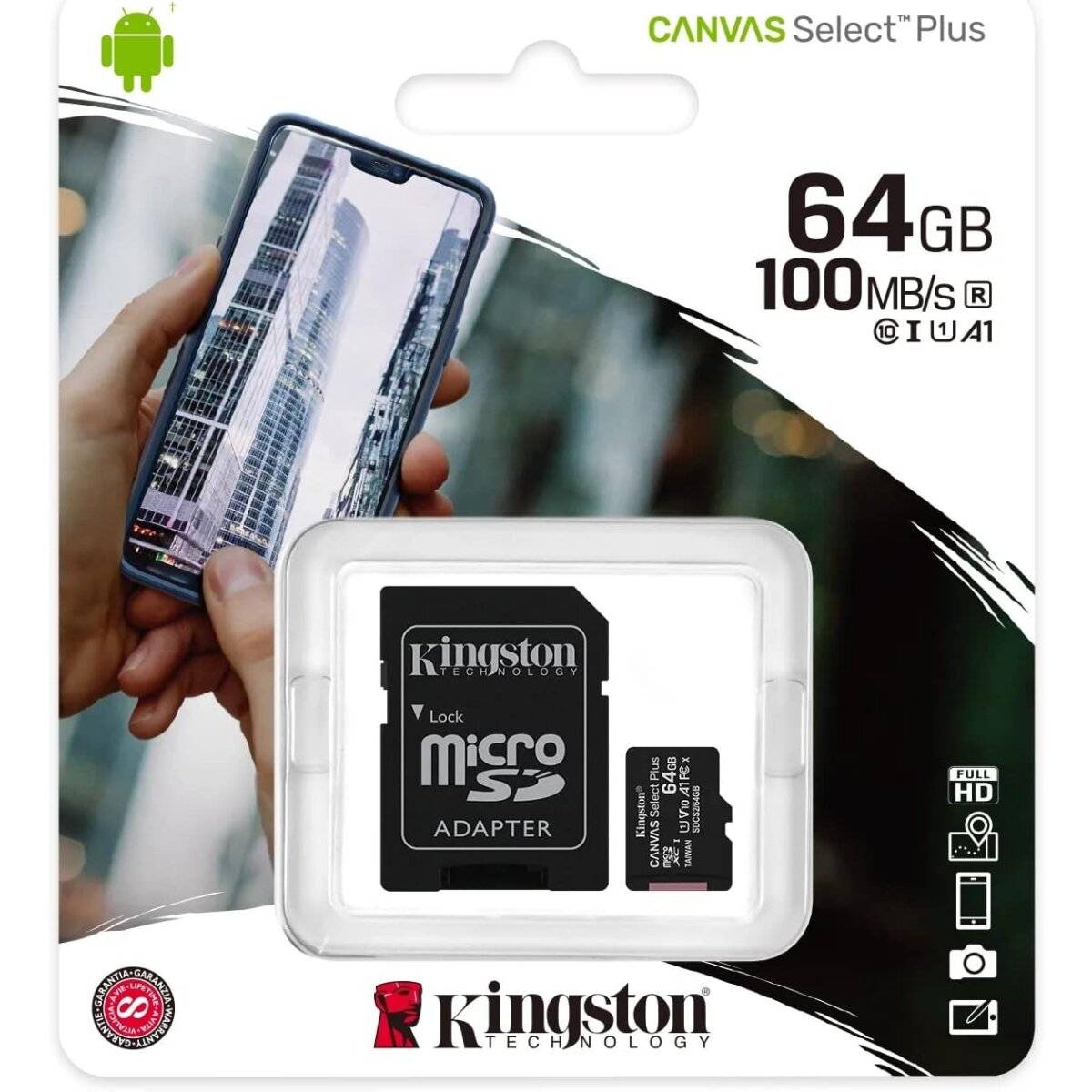 Kingston MicroSD-kaart Canvas Select Plus 64GB Klasse 10 + Adapter-1