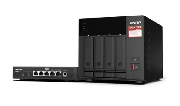QNAP TS-473A + QSW-1105-5T Bundle Pack, NAS, Tower, Ryzen Embedded, V1500B, 8 GB, DDR4