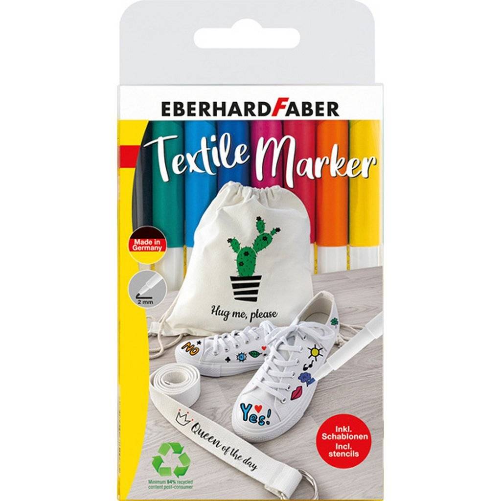 Eberhard Faber Textielmarker 8 Stuks in Etui + 4 Stencils met Sjablonen-0