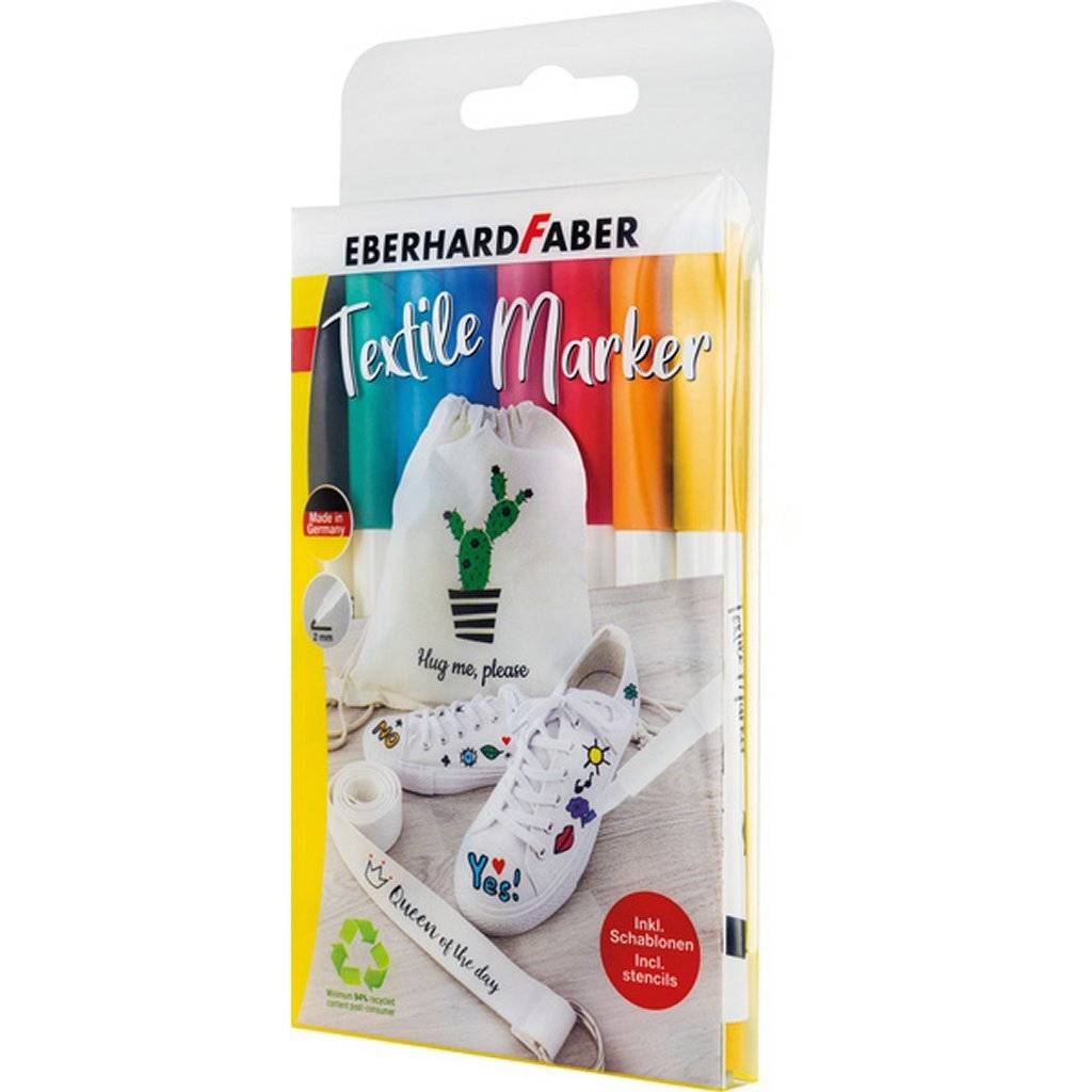 Eberhard Faber Textielmarker 8 Stuks in Etui + 4 Stencils met Sjablonen-1
