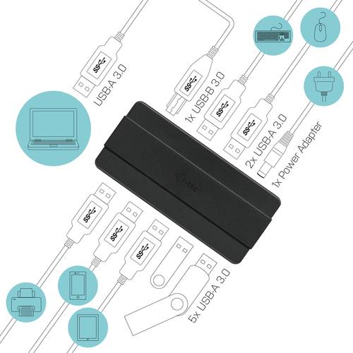 i-tec USB 3.0 Charging HUB 7 Port + Power Adapter, USB 3.2 Gen 1 (3.1 Gen 1) Type-B, USB 3.2 Gen 1 (3.1 Gen 1) Type-A, 5-1